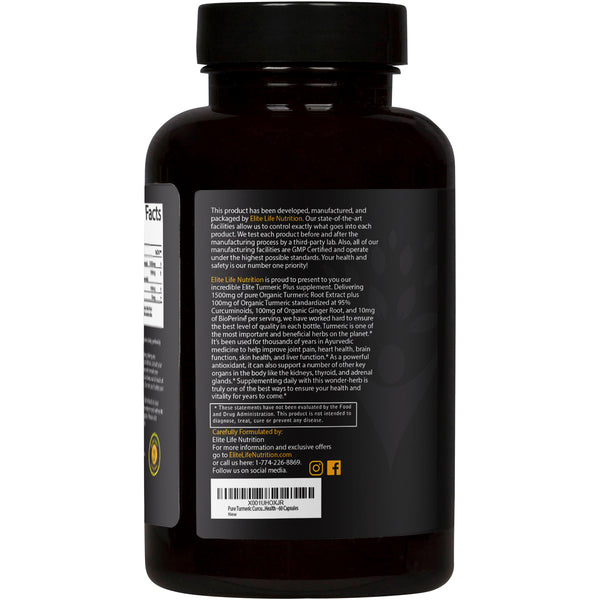 Elite Turmeric Plus - 1700mg Organic Turmeric, Curcumin and Ginger with Bioperine For Maximum Absorption